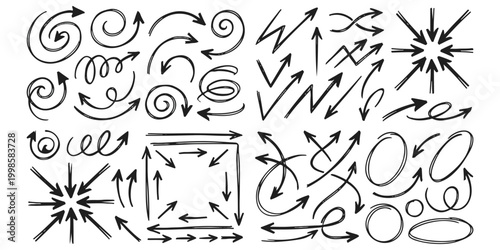 Set of hand drawn sketch arrows and circles for design elements