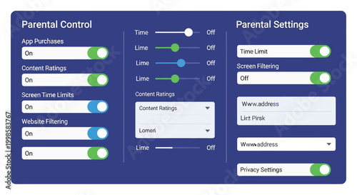 Digital interface displaying comprehensive parental control settings and parental settings options for managing online access app purchases content ratings screen time limits