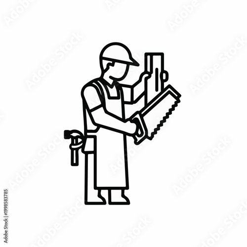 Carpenter line art icon, professional woodworker with hand saw and hammer, construction worker wearing safety helmet and apron vector illustration