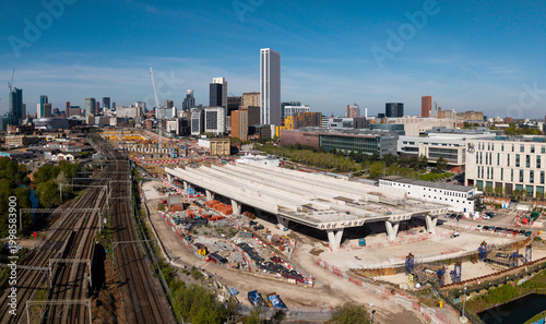Aerial view of a Birmingham cityscape skyline and HS2 construction site on Curzon Street