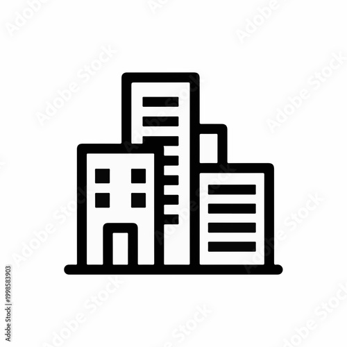 Modern city skyline icon, minimalist urban building vector illustration, black and white skyscraper silhouette for business and real estate branding