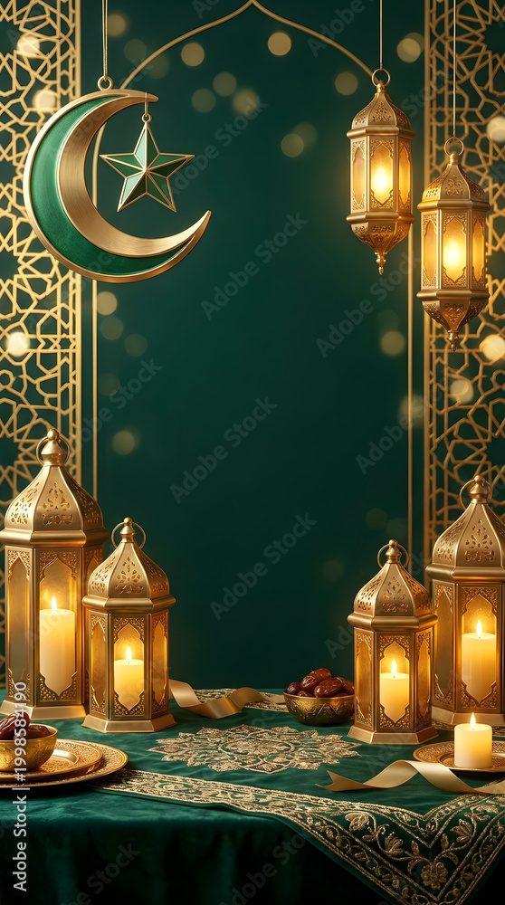 Obraz premium Eid Mubarak Mosque Courtyard with Golden Crescent Moon and Lanterns at Sunset Islamic Celebration