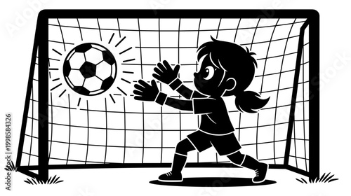 Young girl goalkeeper catching soccer ball in black and white illustration  