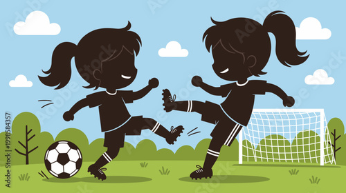 Two girls playing soccer in the park with bright blue sky  