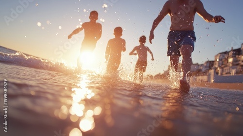 People running through water at sunset