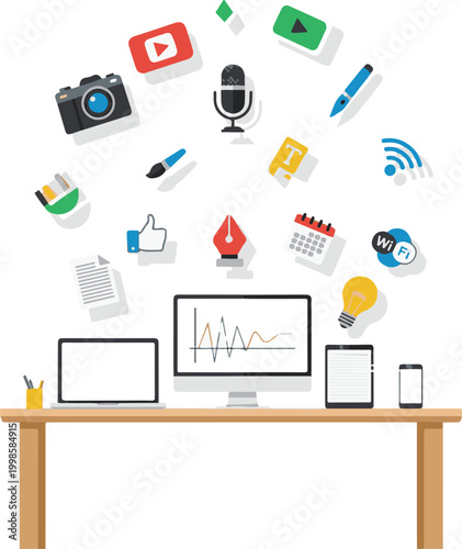 Content creation desk with floating symbols