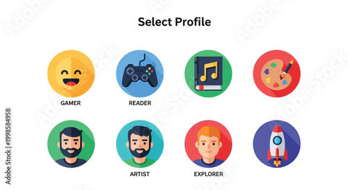 Diverse user profile selection interface showcasing various interests and personalities through colorful circular icons with labels gamer reader artist explorer and abstract