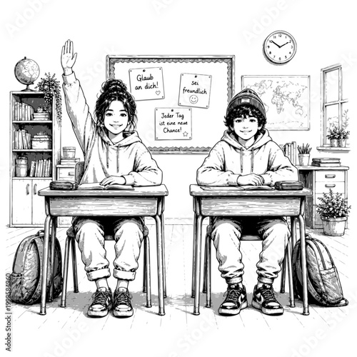 schoolchildren sitting at desks in a classroom with one student raising a hand, showing learning, participation, and a cheerful education scene