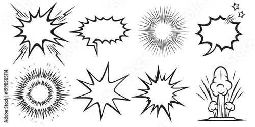 Set of hand drawn comic book sound effect bubbles and explosion shapes in black and white line art
