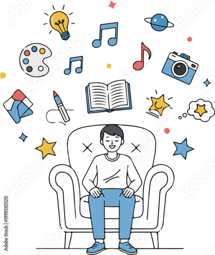 Person sitting in oversized chair with floating icons, creative composition