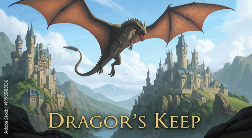 Majestic dragon soaring over medieval castle amidst misty mountain landscape under a bright blue sky evoking fantasy adventure and epic tale