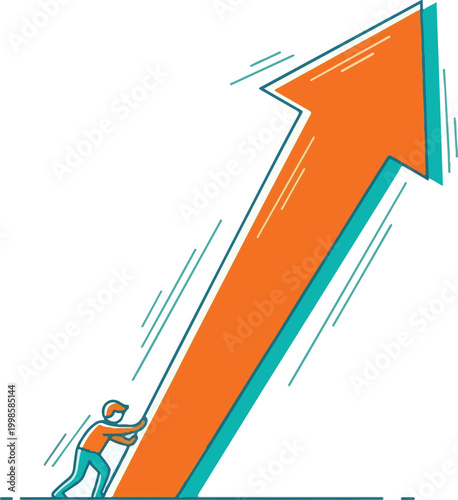 Character pushing giant upward arrow, exaggerated scale