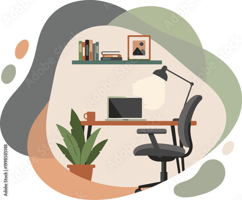 Work from home scene inside a rounded shape frame, pastel color palette