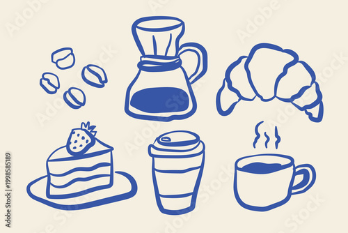 Coffee and bakery breakfast set doodle vector illustration