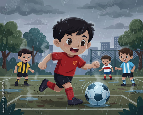 happy children playing soccer in the rain on a muddy field with city skyline background vector illustration
