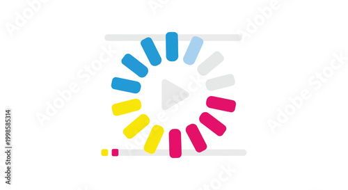 Animated circular loading indicator with play button inside symbolizing progress buffering anticipation and digital media playback set against a clean white background with subtle