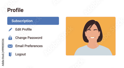 User profile interface displaying account management options like subscription edit profile change password email preferences and logout next to a smiling woman's avatar