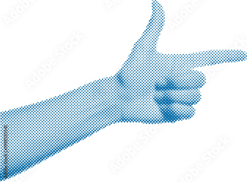 Blue Halftone Pattern Hand Gesture Pointing Right with Thumb Up