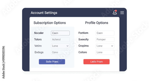 Digital interface displaying account settings with subscription and profile options featuring input fields and action buttons on a dark themed ui screen