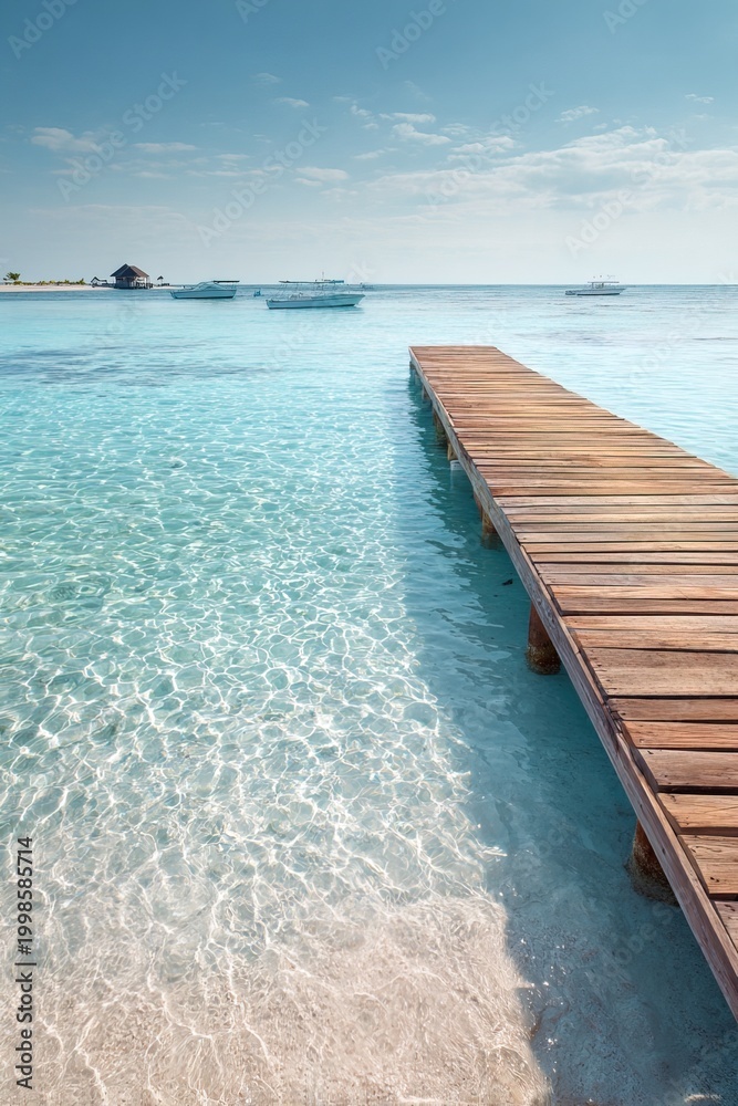 Fototapeta premium Tourists walk along a wooden pier that goes over clear ocean waters in the Maldives. Boats are present in the distance, with gentle waves lapping at the shore