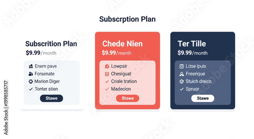 Three distinct subscription plan cards displayed side by side on a clean white background each featuring a title price feature list and a call to action button