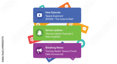 Digital notification banners announcing new episode series update and breaking news with icons for play bell and megaphone isolated on a white background