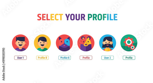 Diverse user profile selection screen with colorful cartoon avatars and icons representing various personalities and options for digital identity customization on a clean white