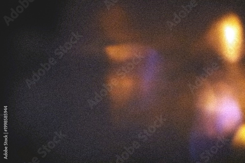 Dark grainy film texture overlay with colorful bokeh light leaks, orange yellow and purple pink lens flare on dark background, retro analog cinematic grain noise, transparent PNG
