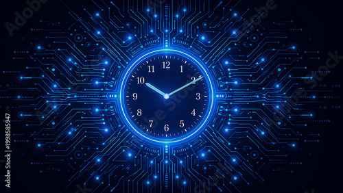Digital clock face glowing on futuristic circuit board background, concept of time and technology.