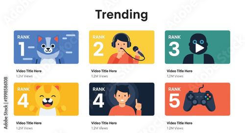 Digital interface showcasing trending video content with ranked thumbnails and stylized avatars presenting a modern platform for content creators and viewers to discover popular
