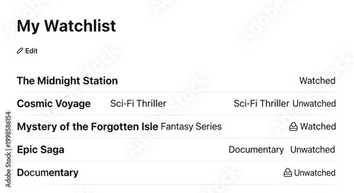 Digital watchlist interface displaying movie and series titles with genre and watched status organized for easy personal media tracking and selection