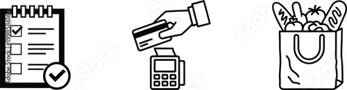 Shopping icons: checklist, credit card payment, and grocery bag with food