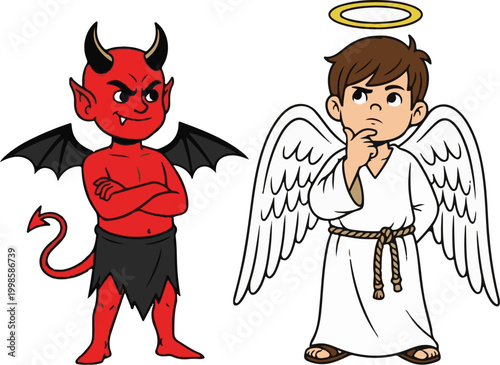Little Cartoon Angel and Devil Characters Vector Illustration