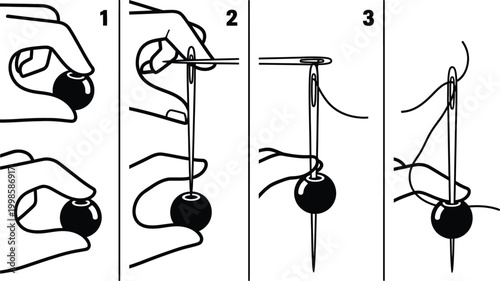 Step-by-step illustration of threading a bead onto a needle