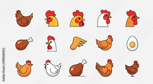 Collection of chickens and eggs icons.