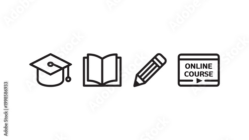 Online Course Icons With Graduation Cap Book And Pencil For Education Concepts