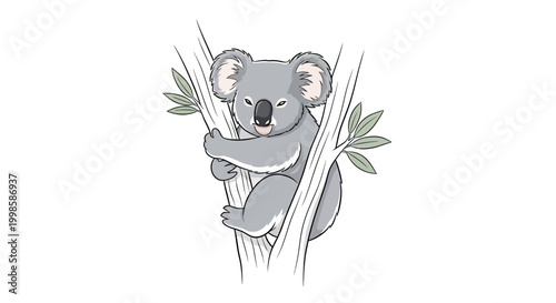 Koala bear climbing tree branch high.
