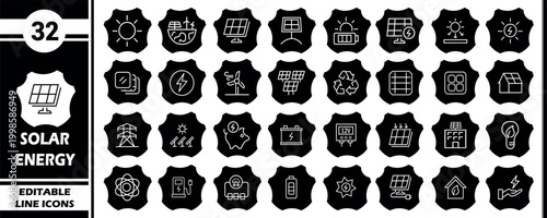 Solar Energy Editable Line Icons Set, Solar Panel Renewable Energy Electricity Battery Power Generation Eco Friendly System Thin Line Outline Icons Collection