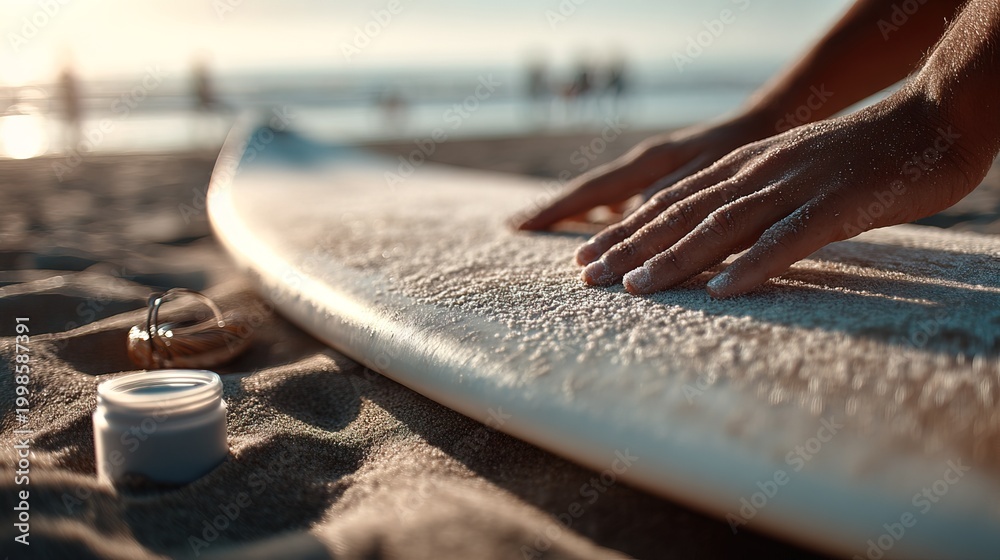 Fototapeta premium A surfer prepares their board on the sand with hands brushing off sand. In the background, people enjoy the beach as the sun sets. The atmosphere is lively and focused on surf culture