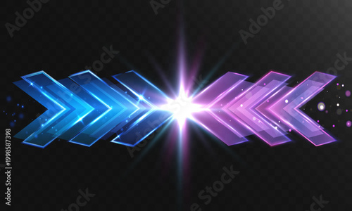 Futuristic neon arrows facing each other with a bright glowing burst at the center. Blue and pink luminous shapes create a dynamic collision effect, perfect for technology, energy, and motion design.