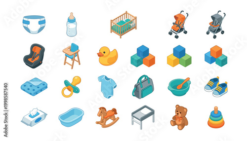 Photography Collection of isometric baby care and infant items, including a diaper, bottle, crib, stroller, and toys
