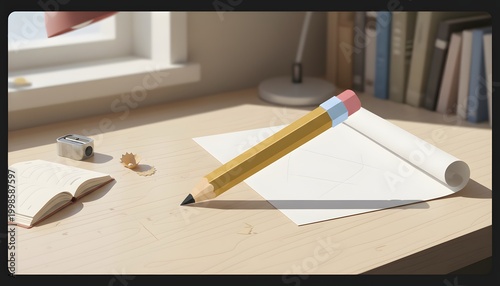 Bright Pencil Large Paper Sketch on Light Wooden Desk
