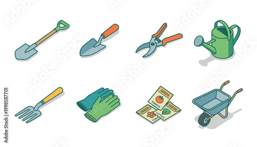 Collection of isometric gardening tools and supplies, including a shovel, trowel, pruners, watering can, fork, gloves, seed packets, and wheelbarrow.