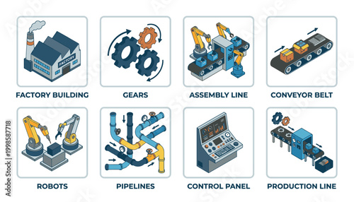 Set of isometric icons representing industrial automation and manufacturing processes, including factory, robots, assembly line, and conveyor belt.