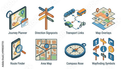 Collection of isometric icons representing navigation, travel planning, and location services, including maps, signposts, compass, and route finders.