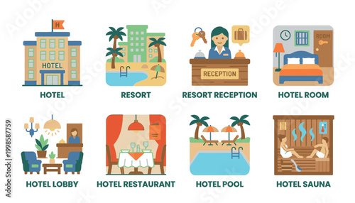 Collection of hotel and resort amenities and services, including reception, rooms, lobby, restaurant, pool, and sauna.