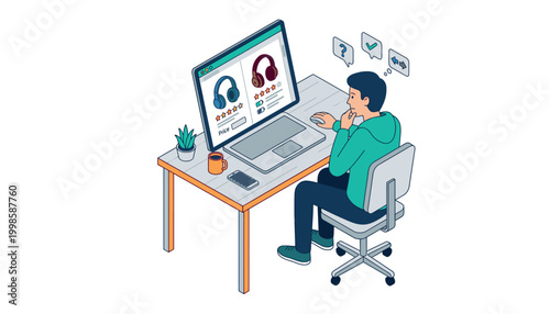 Man sitting at a desk comparing headphones on a computer screen, making a decision.