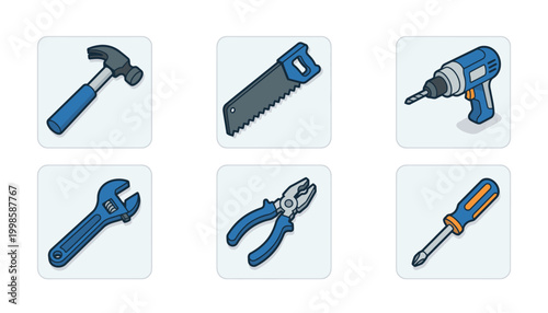 Set of six isometric icons representing common hand tools for construction and repair.