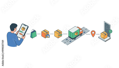 Quadro su tela Customer tracking online order delivery from purchase to doorstep with mobile app and truck