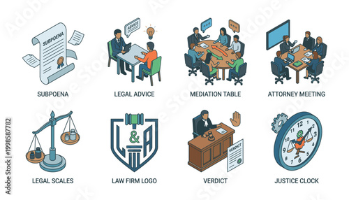 Collection of isometric icons representing legal services and court proceedings, including subpoena, legal advice, mediation, and justice.